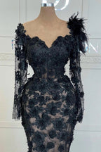 Sexy Black Sweetheart Long Sleeves Mermaid Prom Dress With Beads And Appliques
