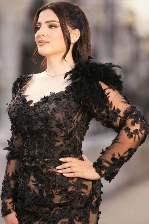 Sexy Black Sweetheart Long Sleeves Mermaid Prom Dress With Beads And Appliques