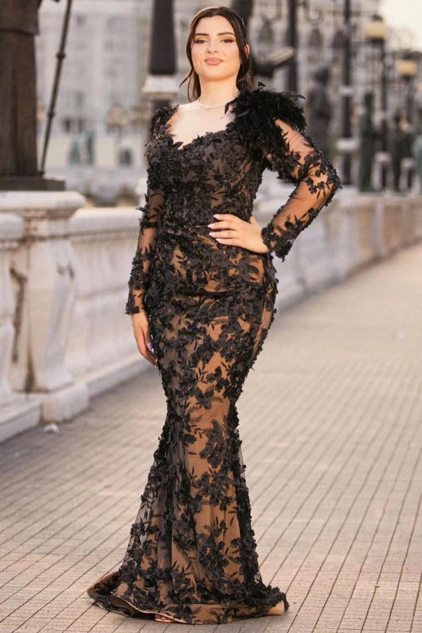 Sexy Black Sweetheart Long Sleeves Mermaid Prom Dress With Beads And Appliques