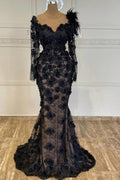 Sexy Black Sweetheart Long Sleeves Mermaid Prom Dress With Beads And Appliques