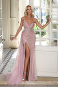Vestido de Baile Comprido Cor-de-Rosa Ruborizado, Decote Coração, Sem Mangas, Sereia, em Renda, com Fenda