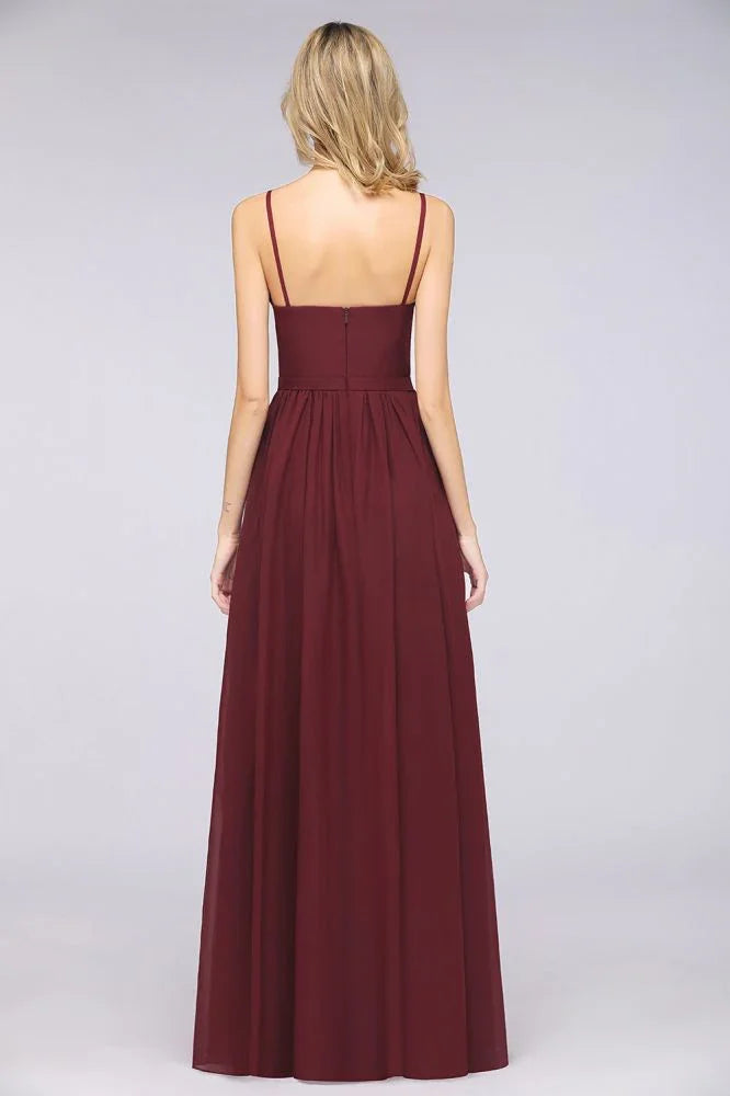 Sexy Double Deep V-Neck Ruffles Sleeveless Bridesmaid Dress Chiffon Side Split Evening Party Dress