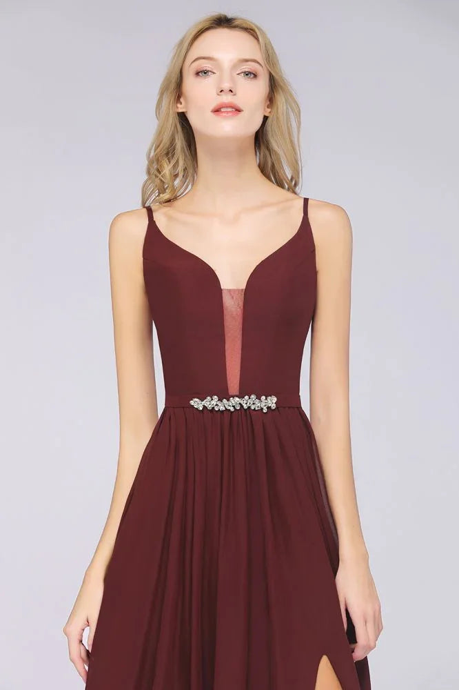 Sexy Double Deep V-Neck Ruffles Sleeveless Bridesmaid Dress Chiffon Side Split Evening Party Dress