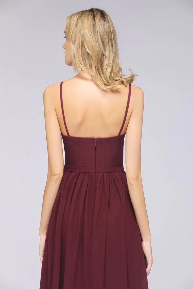 Sexy Double Deep V-Neck Ruffles Sleeveless Bridesmaid Dress Chiffon Side Split Evening Party Dress