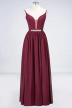 Sexy Double Deep V-Neck Ruffles Sleeveless Bridesmaid Dress Chiffon Side Split Evening Party Dress