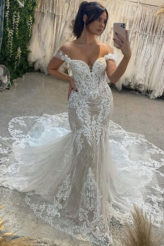 Vestido de novia sexy de encaje estilo sirena, sin mangas, con escote corazón y hombros descubiertos