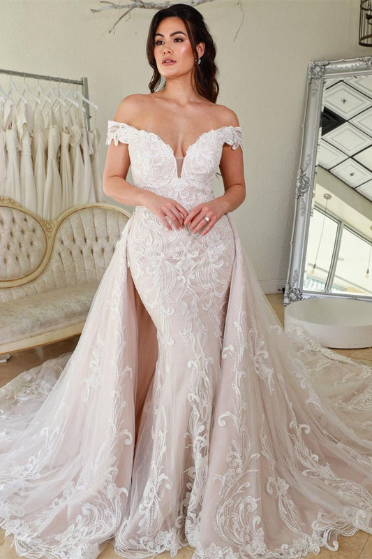 Sexy bodenlanges, schulterfreies Meerjungfrauen-Brautkleid aus Spitze mit V-Ausschnitt und Hofschleppe