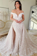 Floor Length V Neck Off Shoulder Mermaid Lace Wedding Dress With Court Train