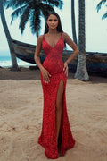 Abito lungo da sera formale con scollo a V, paillettes scintillanti e spacco, stile sirena, seducente