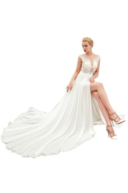 Sexy High Split Cap Sleeve Wedding Dress Sheer Back Ivory Lace Bridal Gown