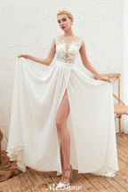 Sexy Brautkleid mit hohem Schlitz und Flügelärmeln, transparenter Rücken, elfenbeinfarbene Spitze