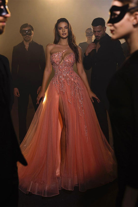 Vestidos de fiesta sexys largos de tul con escote en A, sin mangas, color rosa, con un solo hombro y diamantes de imitación