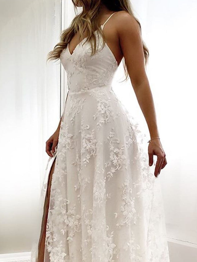 Sexy Long A-Line Spaghetti Strap Lace Backless Wedding Dresseswith Slit