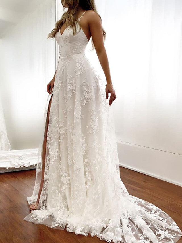 Sexy Long A-Line Spaghetti Strap Lace Backless Wedding Dresseswith Slit