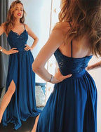 Sexy langes rückenfreies Chiffon-Ballkleid in A-Linie mit Herzausschnitt und Schlitz