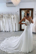Sexy Long A-line Sweetheart Sleeveless Spaghetti Straps Backless Wedding Dress with Chapel Train