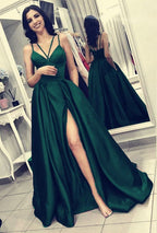 Sexy Long A-line V-neck Spaghetti Straps Backless Front Slit Prom Dress With Pockets