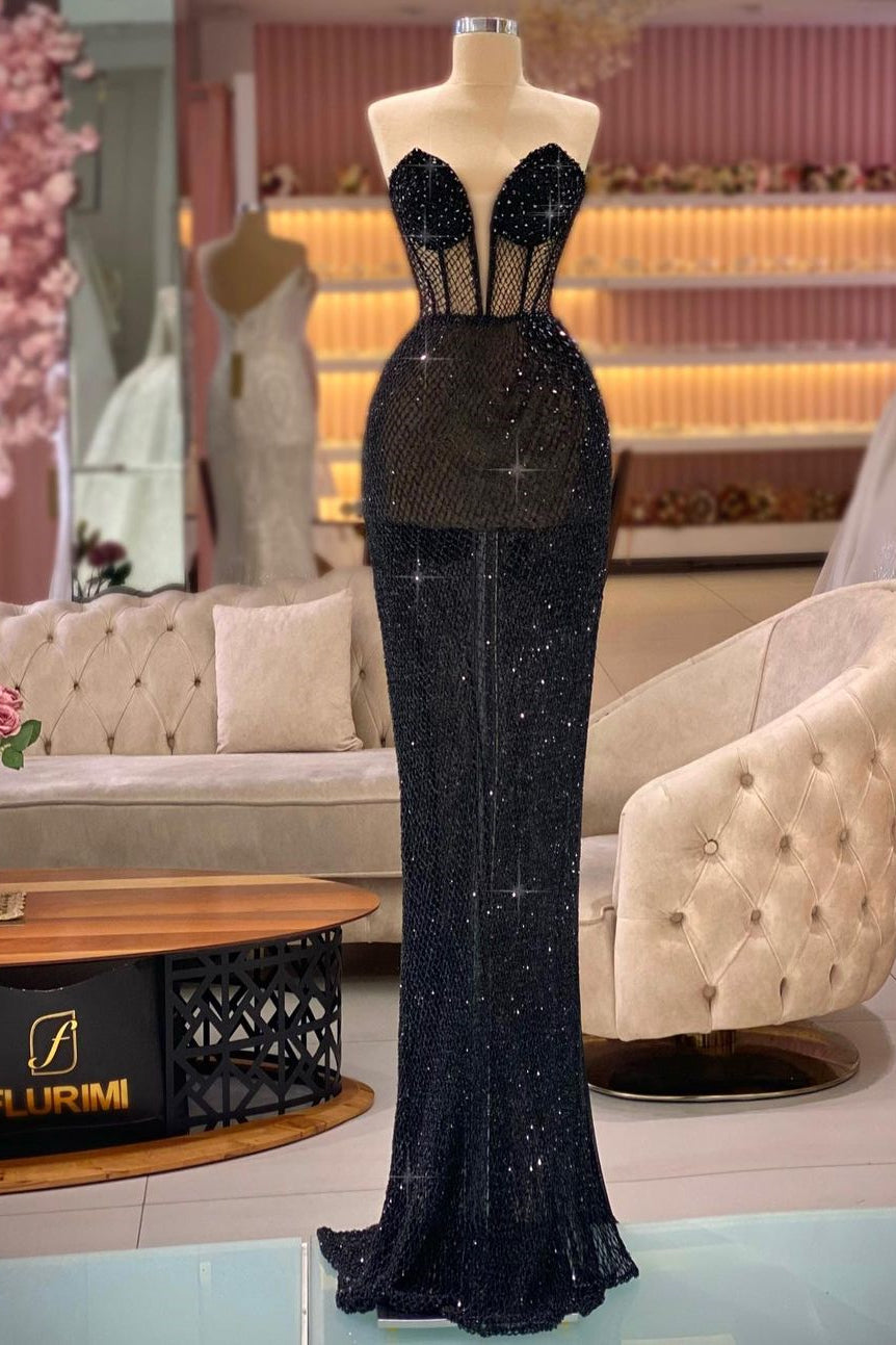 Vestido de fiesta sexy largo negro de sirena con escote en V y sin mangas