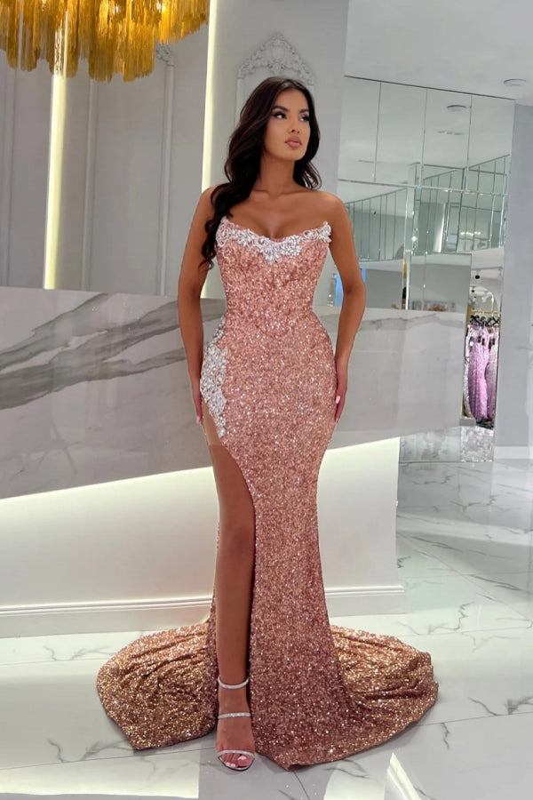 Abito da sera lungo rosa polvere senza spalline con paillettes e pizzo, con spacco