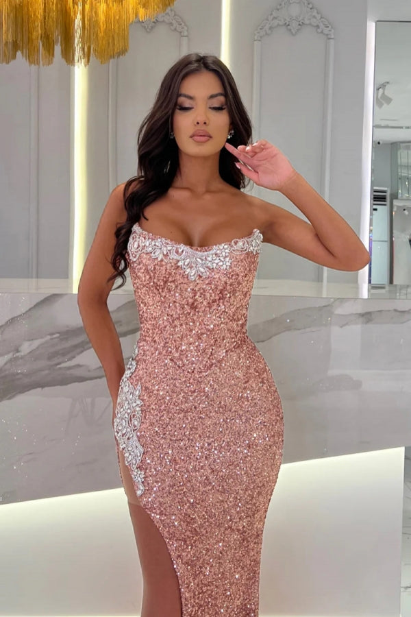 Abito da sera lungo rosa polvere senza spalline con paillettes e pizzo, con spacco