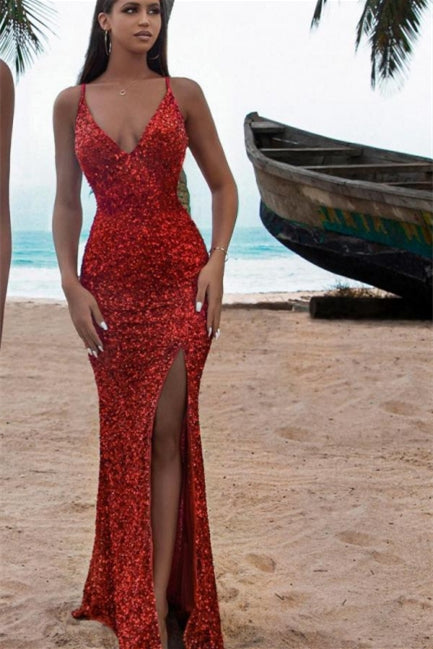 Robe de soirée sirène longue rouge scintillante sans manches avec fente sexy