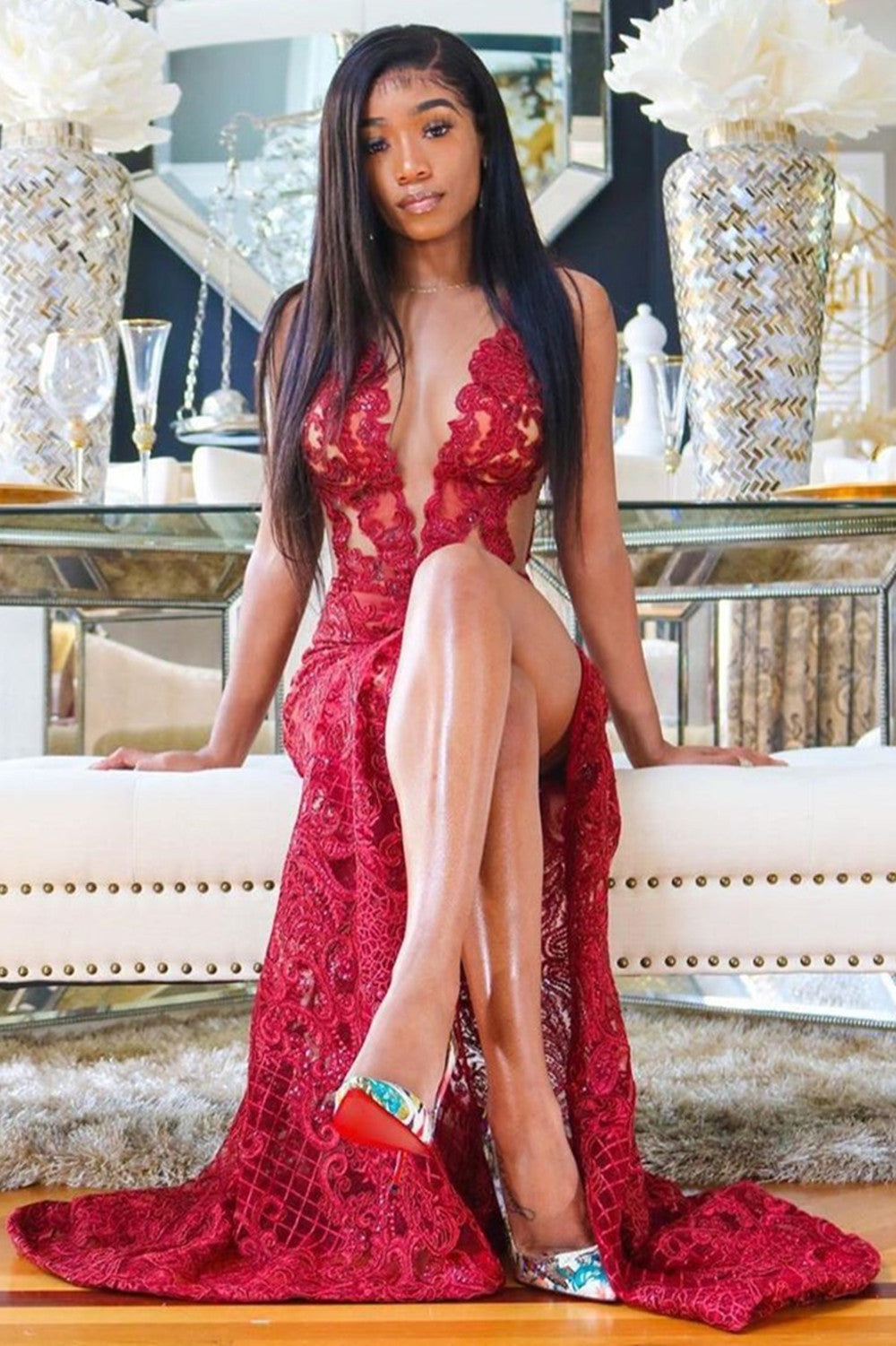 Sexy Langes Meerjungfrau-Bateau-Spitzen-Ballkleid in Burgunderrot mit Schlitz