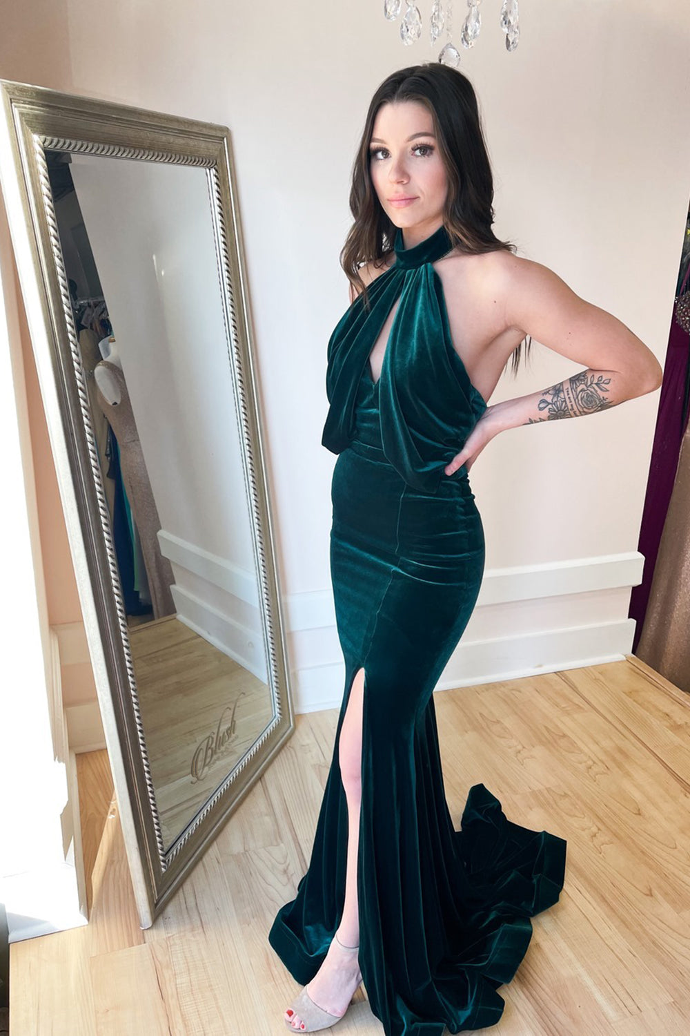 Sexy Long Mermaid Halter Backless Velvet Prom Dress With Split
