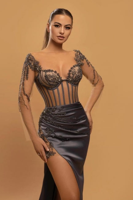 Sexy Long Mermaid Lace Evening Dresses With Long Sleeves