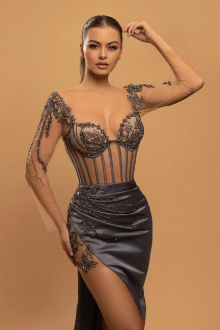 Sexy Long Mermaid Lace Evening Dresses With Long Sleeves