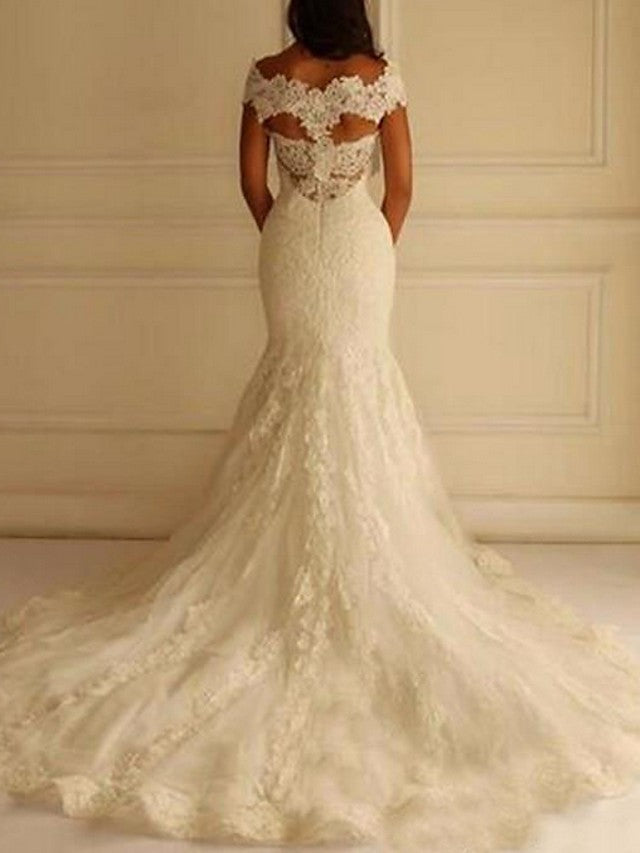 فساتين زفاف دانتيل طويلة على شكل حورية البحر بدون أكتاف جذابة