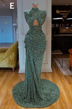 Abito lungo da sera verde menta con paillettes a sirena sensuale