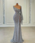 Vestido de Baile Comprido Sexy com Um Ombro, Lantejoulas e Fenda, Estilo Sereia