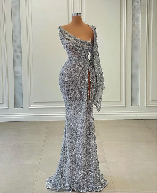 Sexy Long One Shoulder Sequins Slit Prom Dress Mermaid