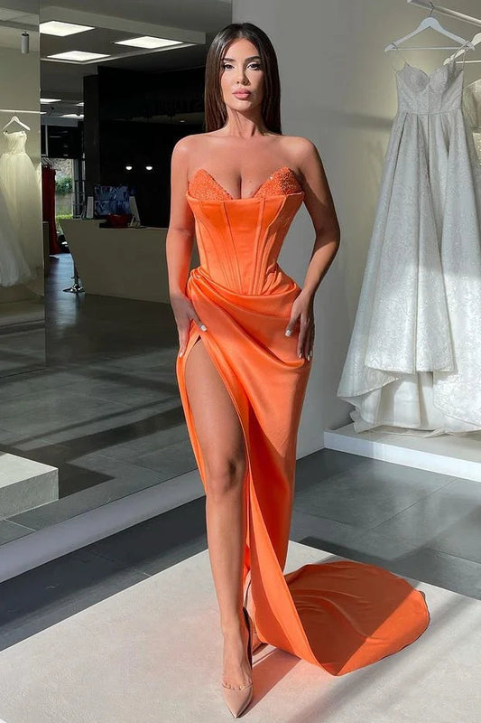 Vestido de fiesta sexy largo naranja con escote en V, sin mangas, con lentejuelas y abertura