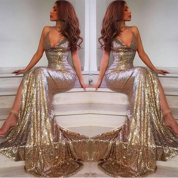 Sexy Long V-neck Open Back Sequins Mermaid Prom Dress with Slit