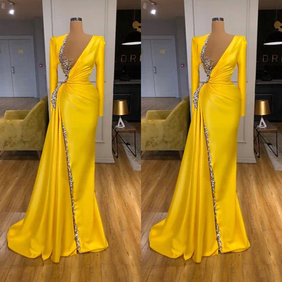 Sexy Long Yellow V-neck Sequined Split Prom Dress With Long Sleeves