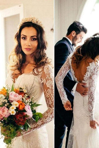 Sexy Meerjungfrau Langarm Weiß Spitze Brautkleid