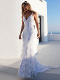 White Mermaid Lace Wedding Dress V Neck Backless Bridal Gown