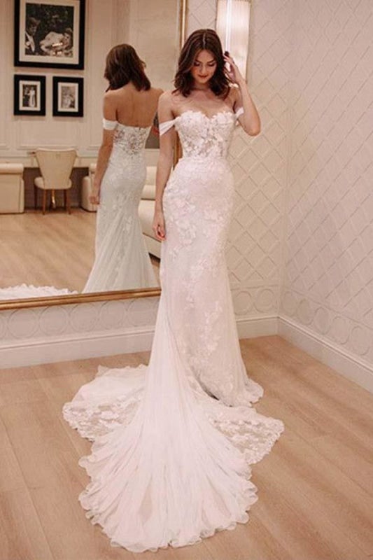 Robe de mariée élégante en ivoire avec traîne courte et sexy à épaules dénudées