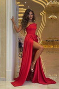 Sexy Off Shoulder Red Satin Evening Dress with Side Split Floor Length Party Dress