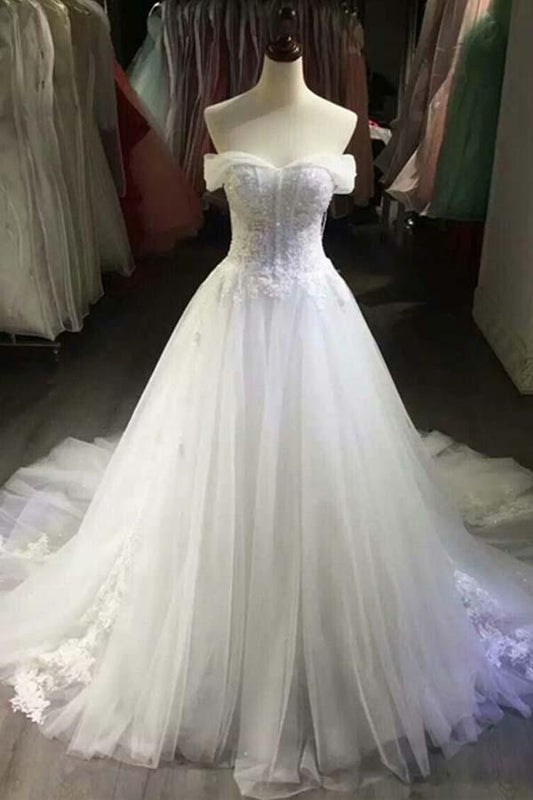 Vestidos de novia sexys de tul blanco con hombros descubiertos y apliques