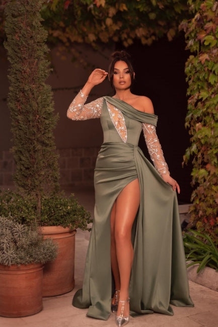 Sexy One-Shoulder Perlen Split Abendkleider Lange Ballkleider Mit Langen Ärmeln