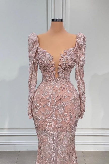 Sexy Pink V-neck Long Sleeves Lace Mermaid Prom Dress Evening Gowns