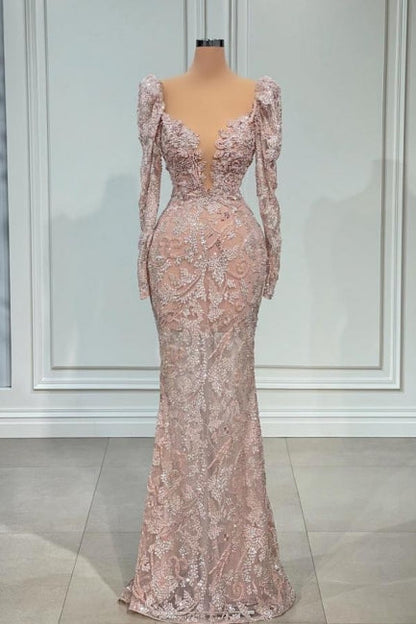 Sexy Rosa V-Ausschnitt Lange Ärmel Spitze Meerjungfrau Ballkleid Abendkleider