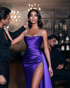 Abito da sera viola lungo scintillante senza maniche con spacco a sirena sexy