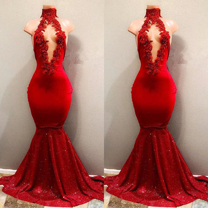 Vestido de fiesta de sirena sexy con cuello alto rojo 