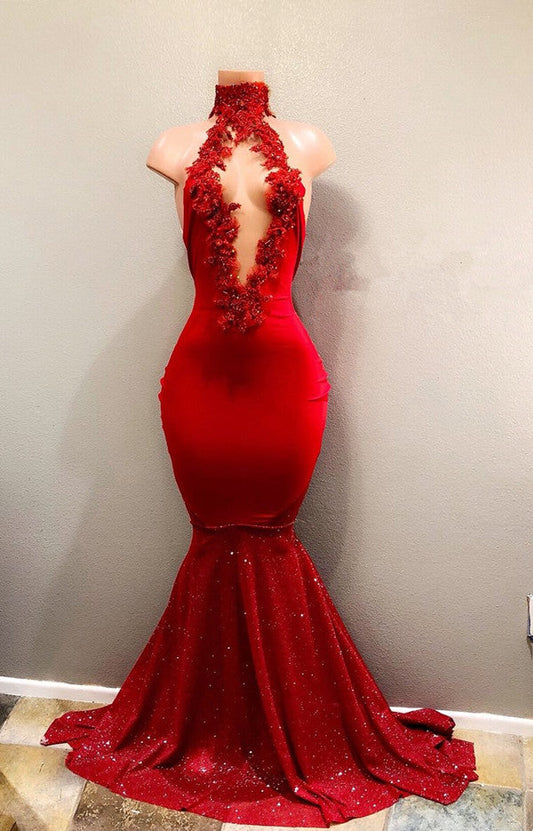 Vestido de fiesta de sirena sexy con cuello alto rojo 