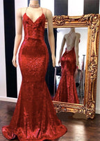 Sexy Red Sequins Spaghetti Straps Mermaid Evening Gowns