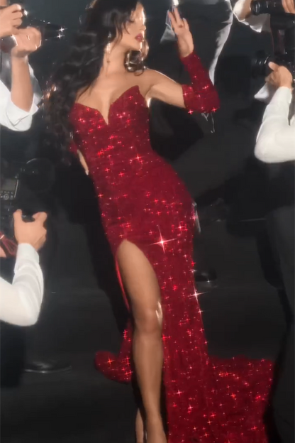 Vestido de fiesta de sirena sexy rojo con escote en V, sin mangas, lentejuelas y abertura frontal