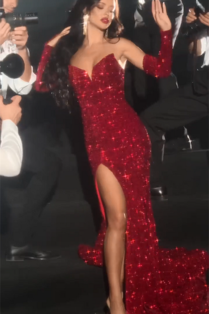 Vestido de fiesta de sirena sexy rojo con escote en V, sin mangas, lentejuelas y abertura frontal